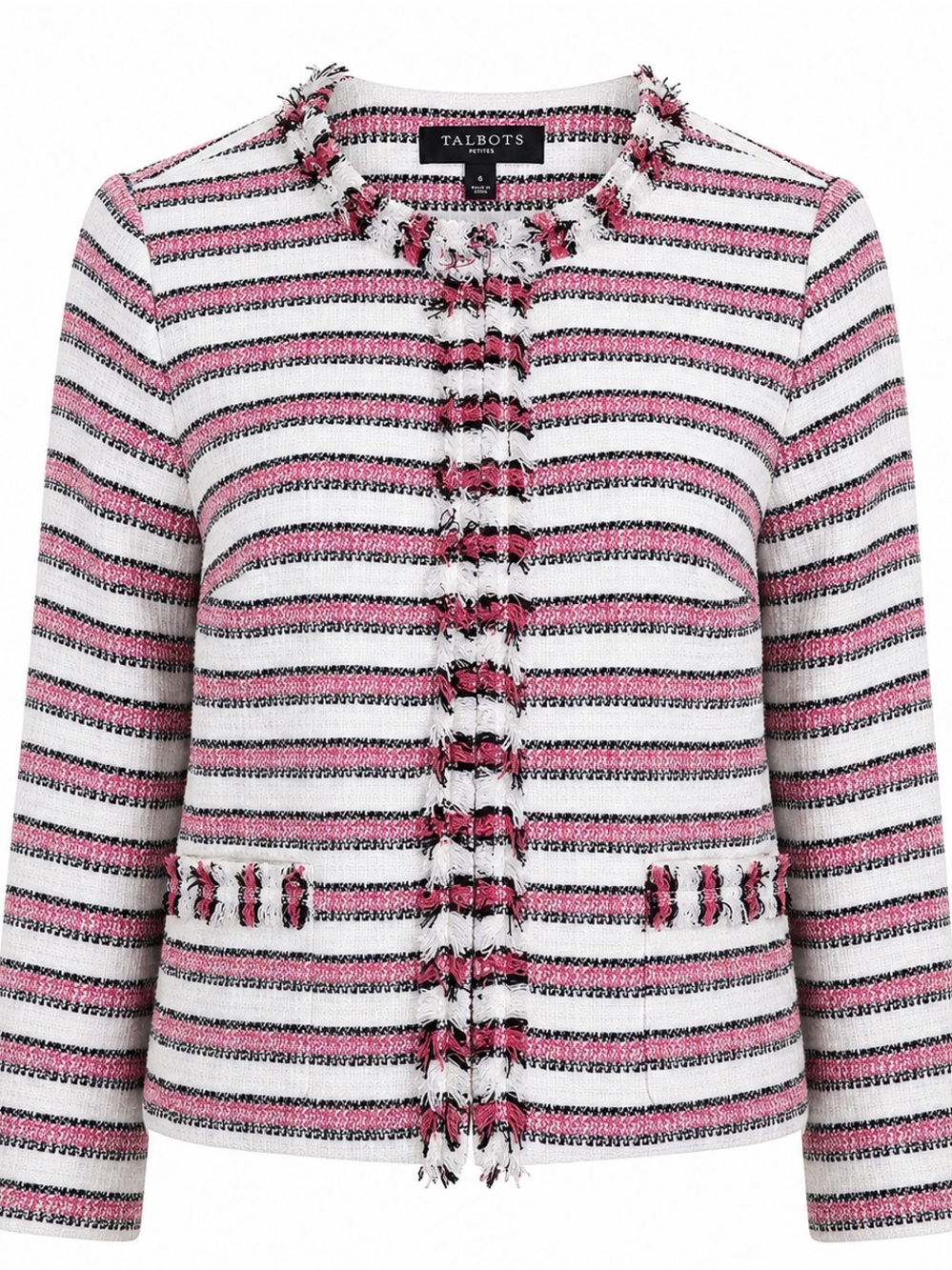 TALBOTS Petites Striped‎ Fringe Tweed Full Zip Blazer Jacket Sz 16P Corpcore